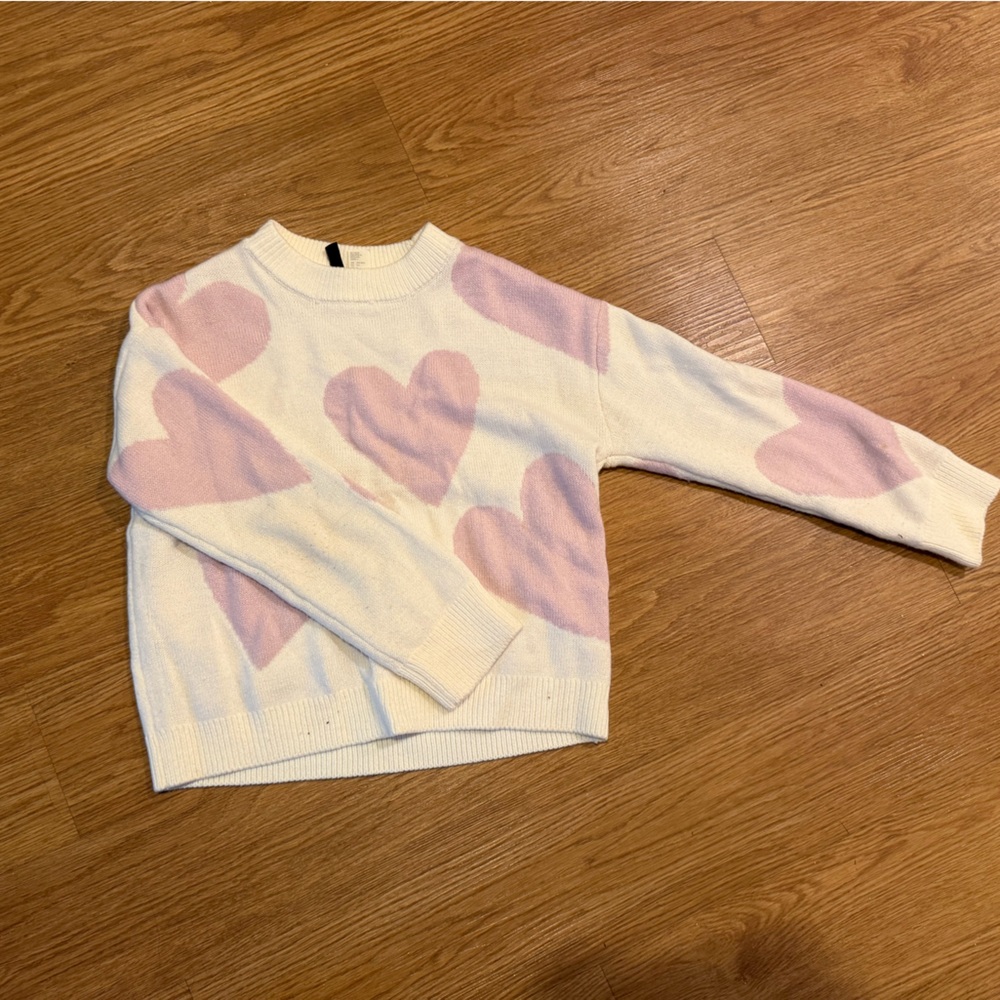 H&M Cream and Pink Heart Sweater